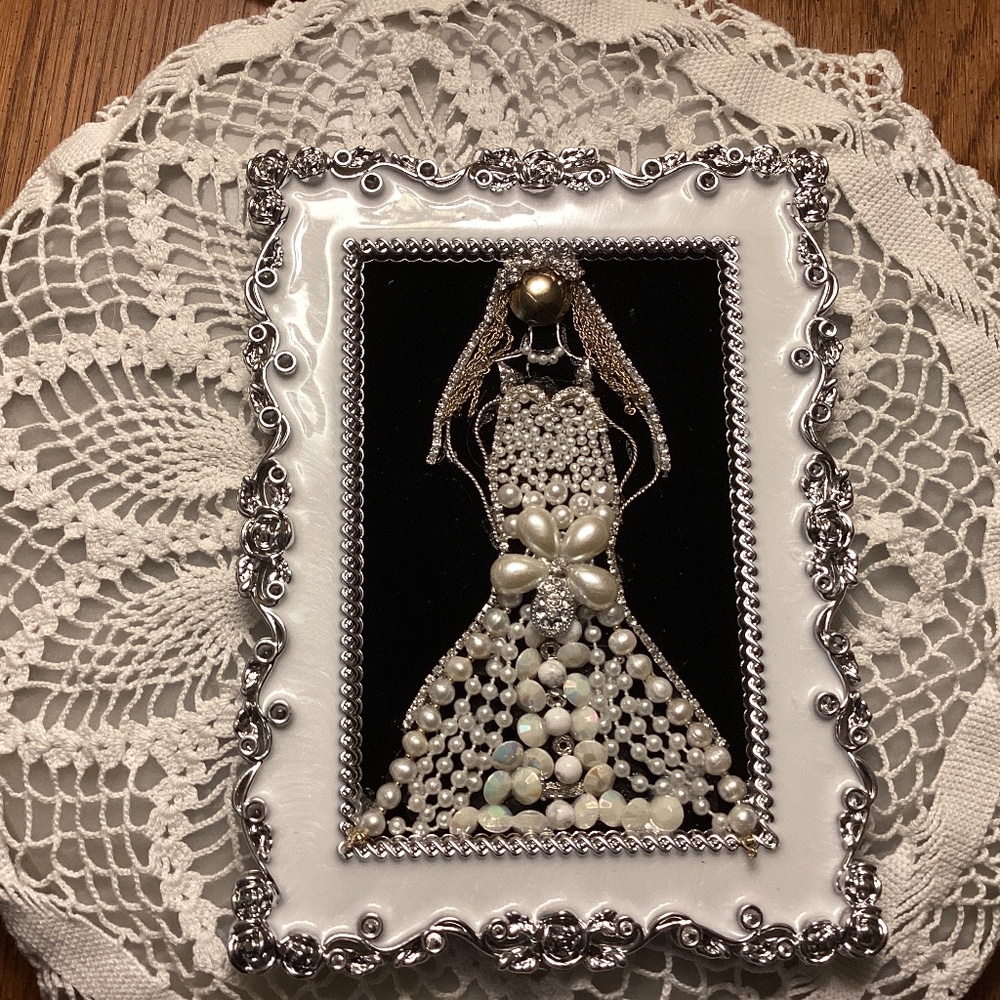 Hand crafted bride from jewelry tabletop wedding vintage silver white pearls art